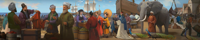 Купцы, товары и караван в портовом городе — иллюстрация Europa Universalis V